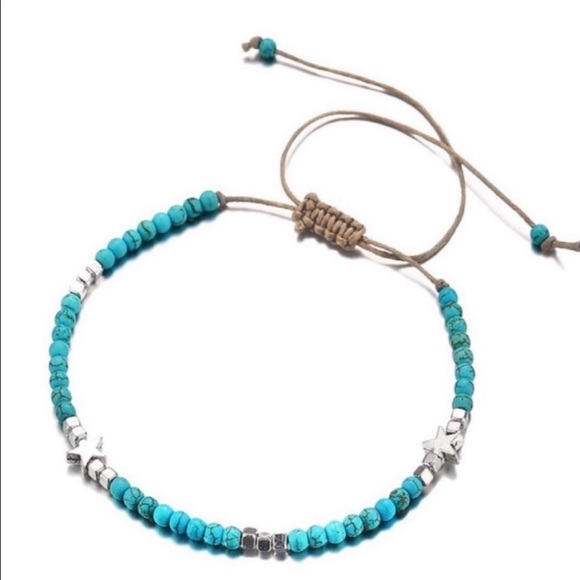 🎁 5/$35 || Turq/Silver Beaded Anklet W/Star Acnts - Picture 5 of 7